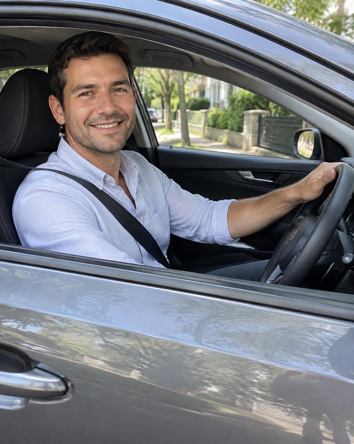 Friendly driver smiling from the driver’s seat on a leafy Australian street